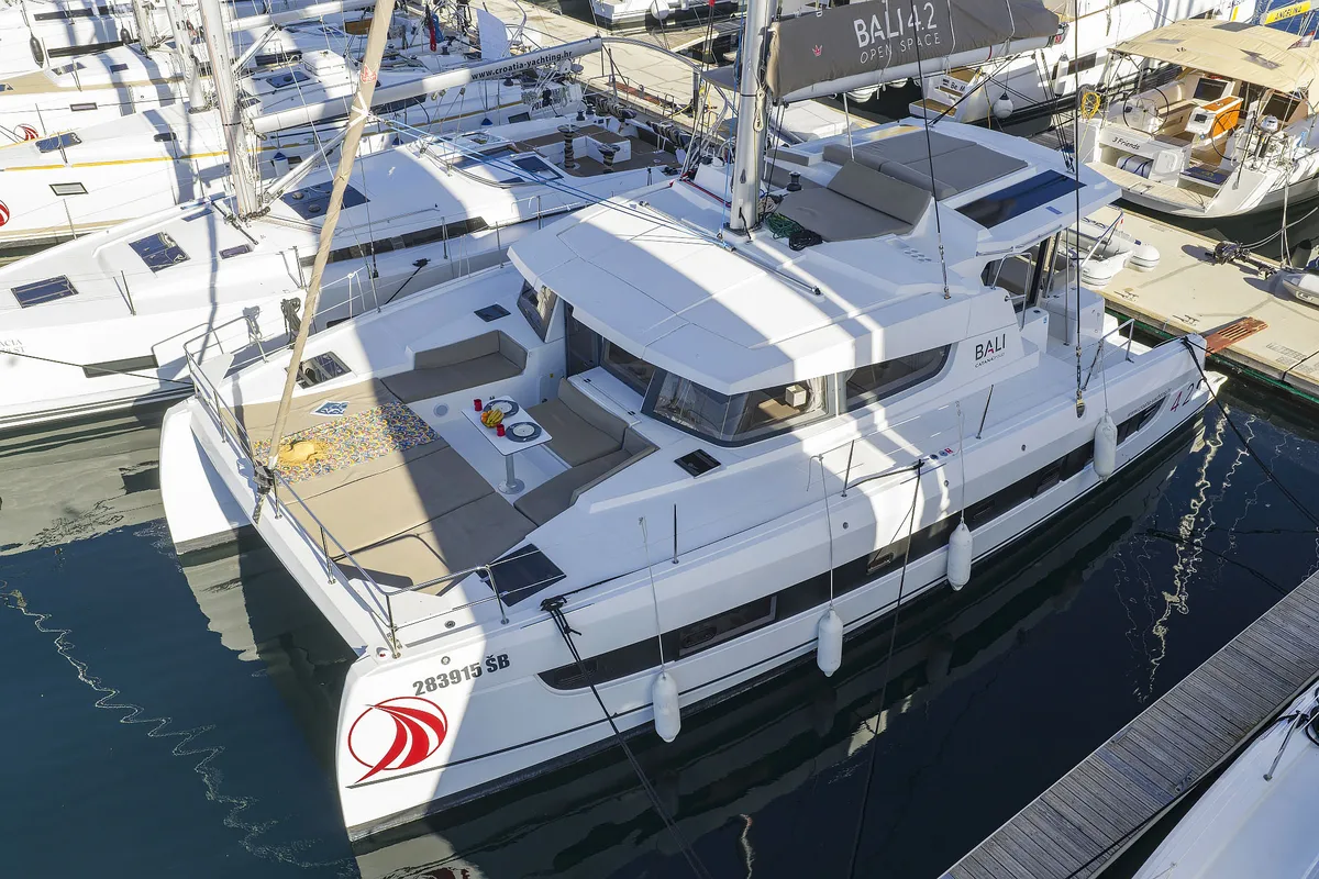 Exterior view of Agma, a Bali 4.2 catamaran at Grad Šibenik, Croatia