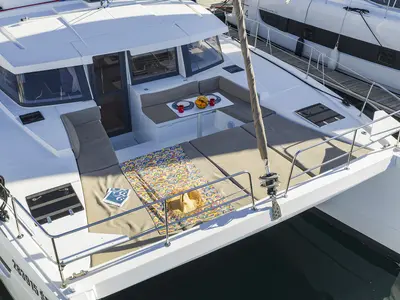 Deck of Agma, a Bali 4.2 catamaran at Grad Šibenik, Croatia