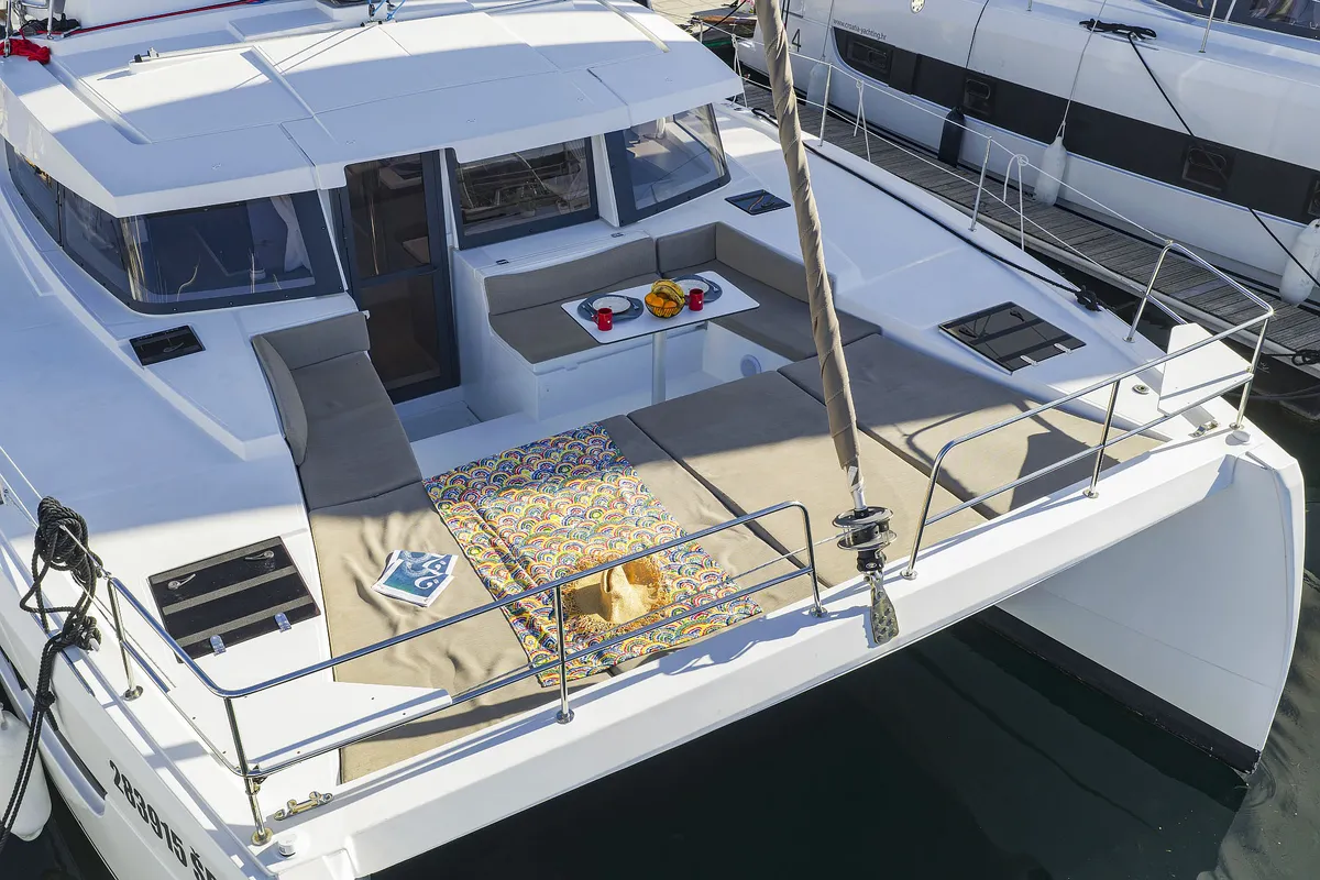 Deck of Agma, a Bali 4.2 catamaran at Grad Šibenik, Croatia