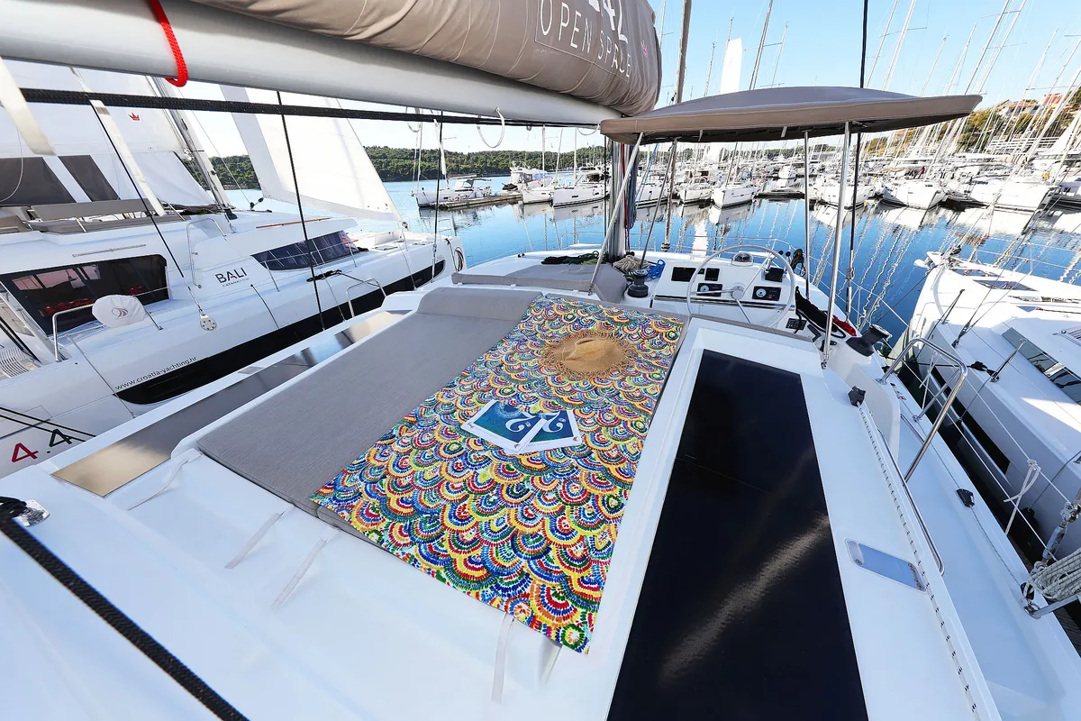 Deck of Agma, a Bali 4.2 catamaran at Grad Šibenik, Croatia
