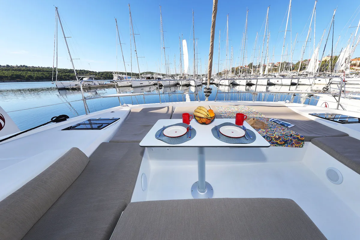 Deck of Agma, a Bali 4.2 catamaran at Grad Šibenik, Croatia
