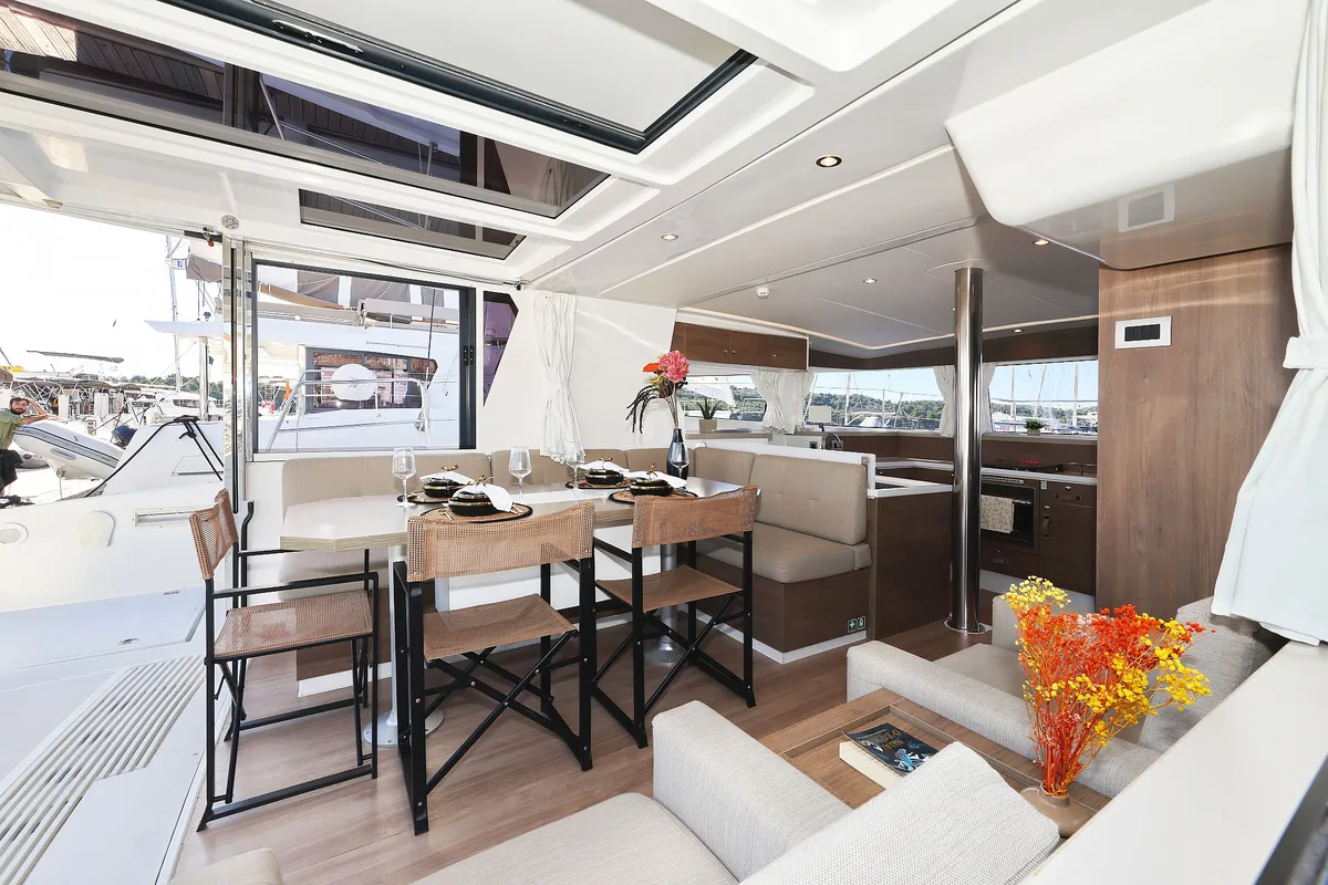 Salon of Agma, a Bali 4.2 catamaran at Grad Šibenik, Croatia