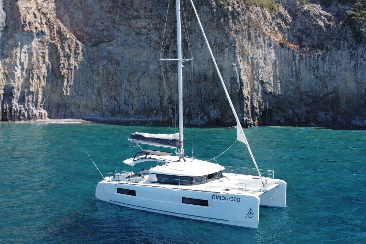 Exterior view of Manik, a Lagoon 40 catamaran at Nettuno, Italy