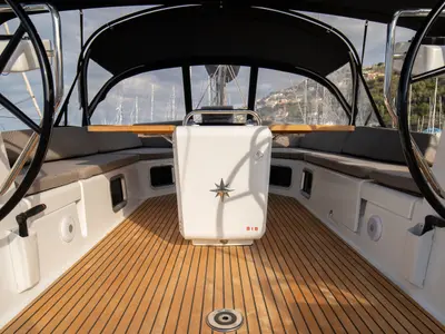 Cockpit of Psyche, a Jeanneau 54 sailboat at Tonnarella, Italy