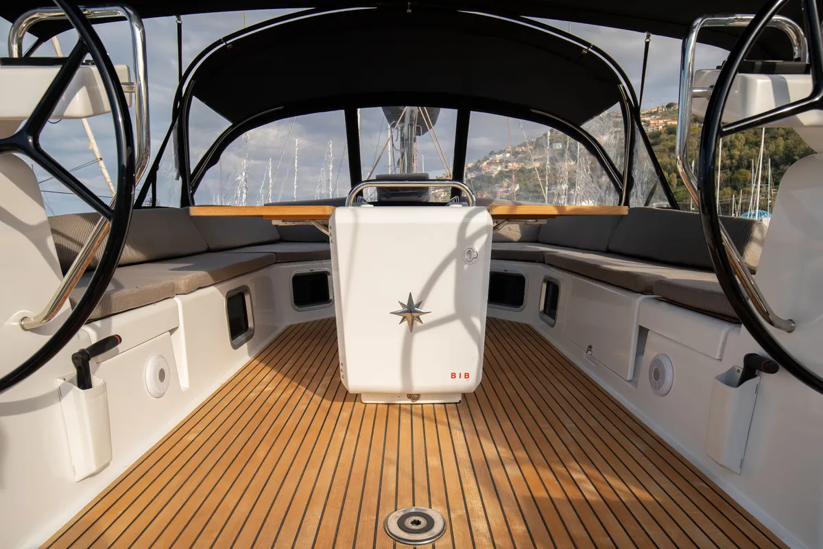 Cockpit of Psyche, a Jeanneau 54 sailboat at Tonnarella, Italy