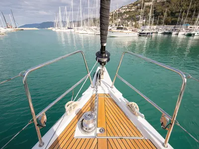 Deck of Psyche, a Jeanneau 54 sailboat at Tonnarella, Italy