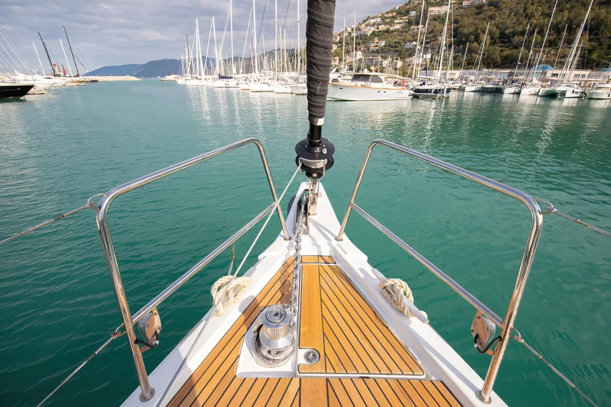Deck of Psyche, a Jeanneau 54 sailboat at Tonnarella, Italy