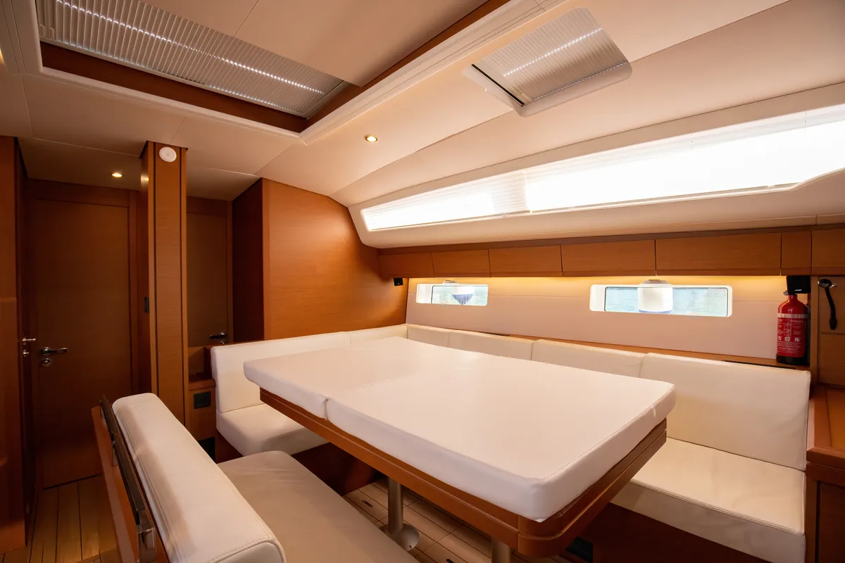 Salon of Psyche, a Jeanneau 54 sailboat at Tonnarella, Italy