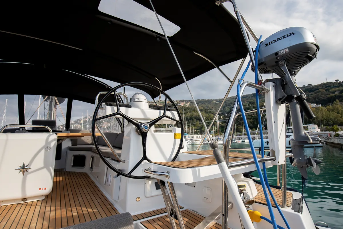 Cockpit of Psyche, a Jeanneau 54 sailboat at Tonnarella, Italy
