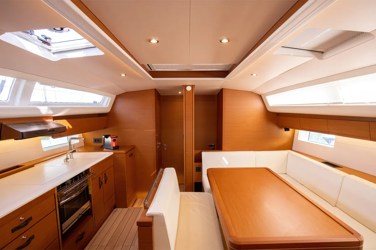 Salon of Psyche, a Jeanneau 54 sailboat at Tonnarella, Italy
