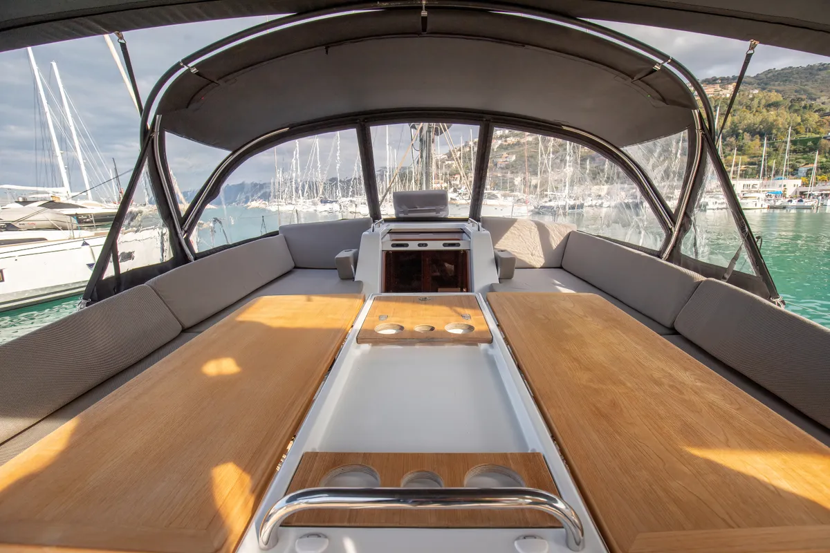 Deck of Psyche, a Jeanneau 54 sailboat at Tonnarella, Italy