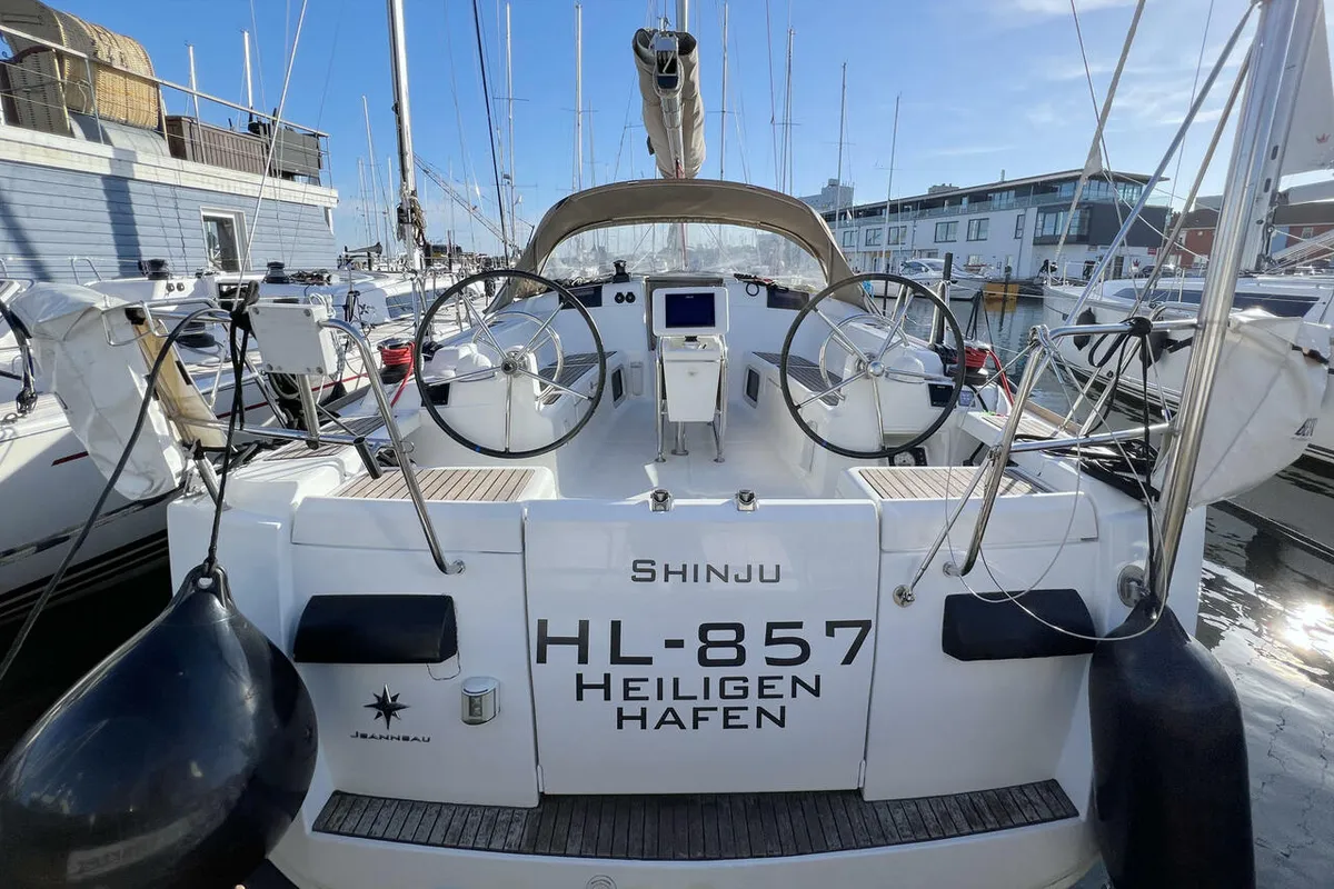 Exterior view of Shinju, a Jeanneau Sun Odyssey 409 sailboat at Heiligenhafen, Germany