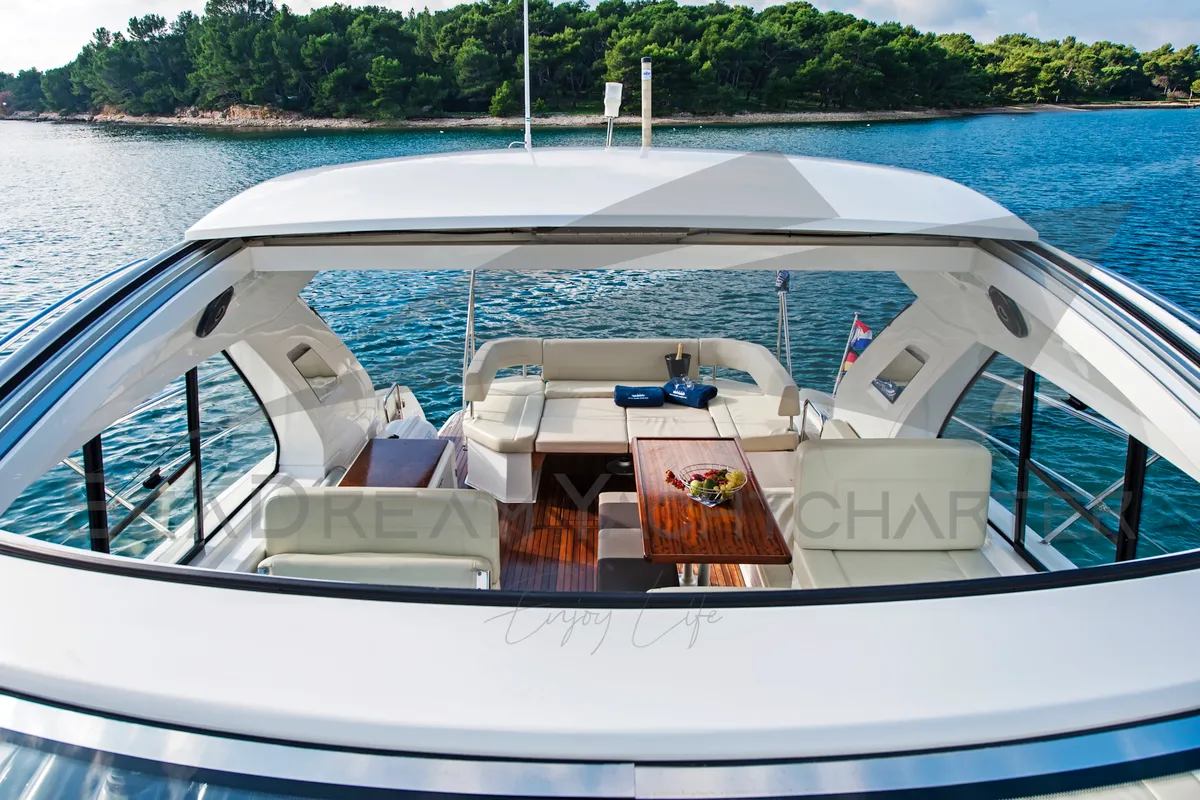 Deck of Sun Dreamer, a Bavaria S40 HT motorboat at Općina Sukošan, Croatia