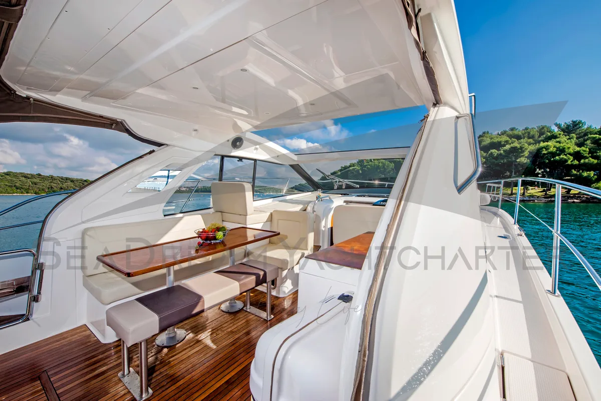 Deck of Sun Dreamer, a Bavaria S40 HT motorboat at Općina Sukošan, Croatia