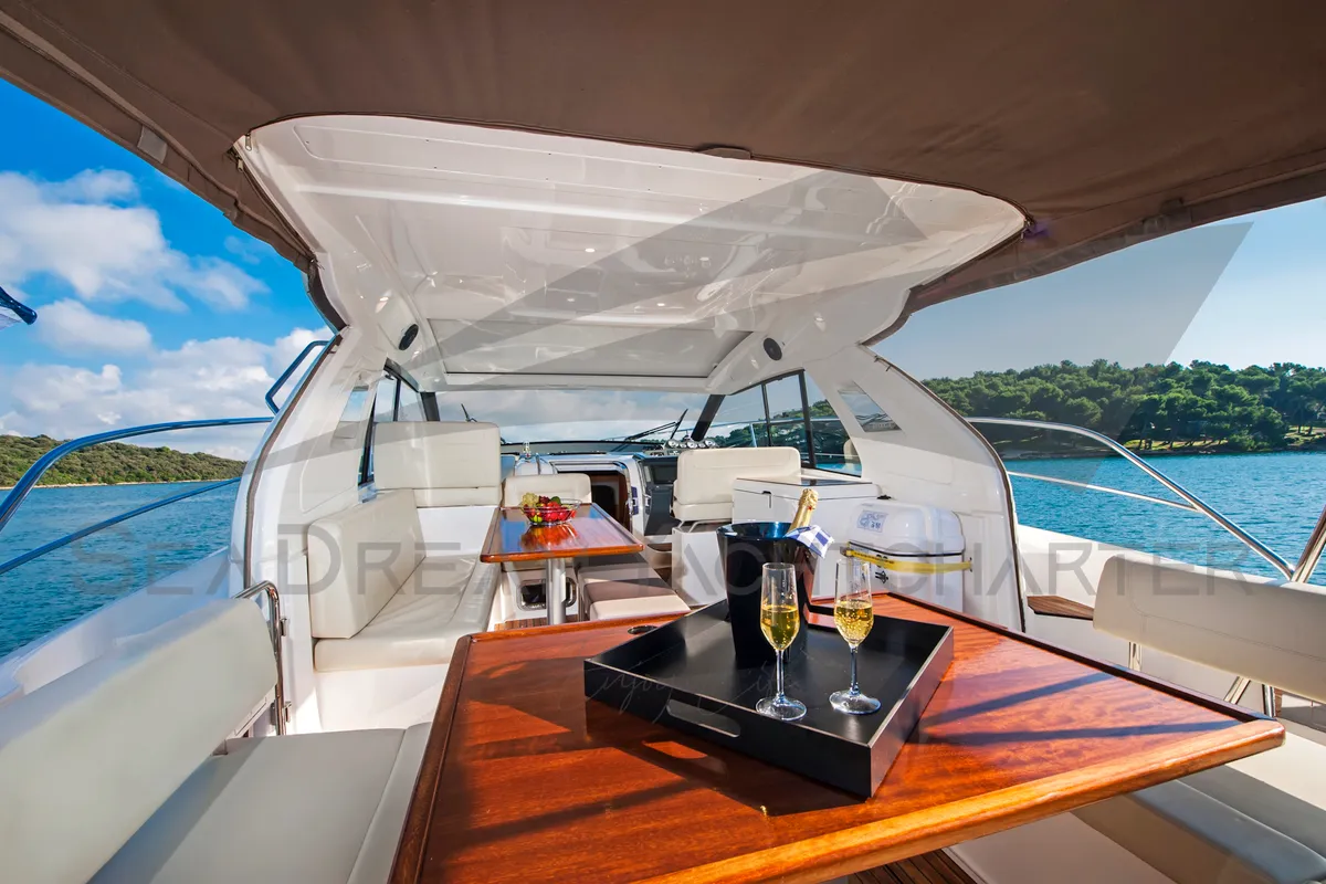Deck of Sun Dreamer, a Bavaria S40 HT motorboat at Općina Sukošan, Croatia