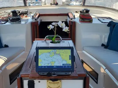 Cockpit of Odysseas, a Bavaria 50 sailboat at Athens, Greece