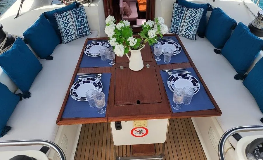 Deck of Odysseas, a Bavaria 50 sailboat at Athens, Greece