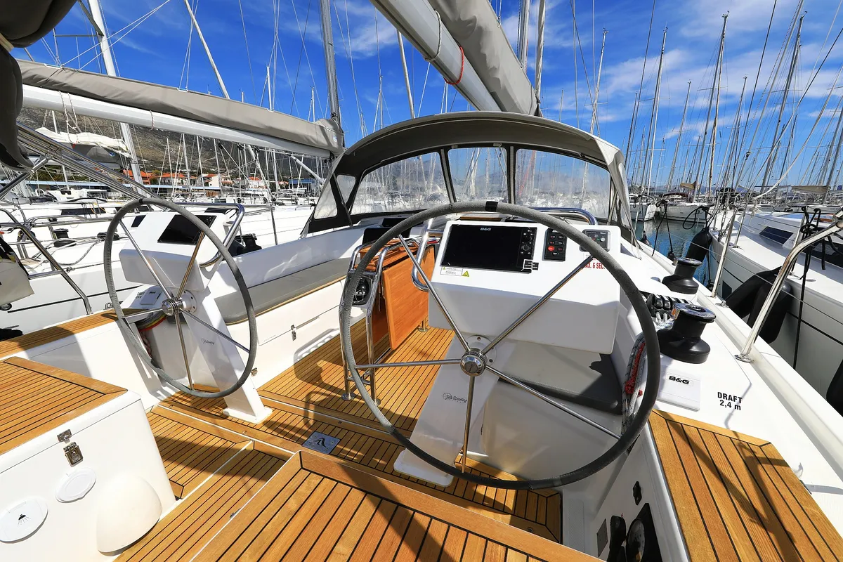Cockpit of Maxine II, a Hanse 455 sailboat at Grad Kaštela, Croatia