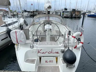 Cockpit of Karoline, a Bootsbau Rügen GmbH Vilm 41 cruiser sailboat at Barth, Germany
