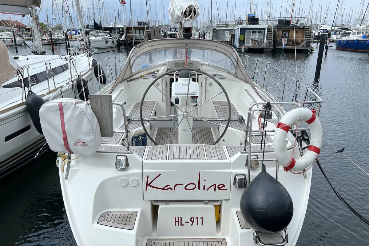 Cockpit of Karoline, a Bootsbau Rügen GmbH Vilm 41 cruiser sailboat at Barth, Germany