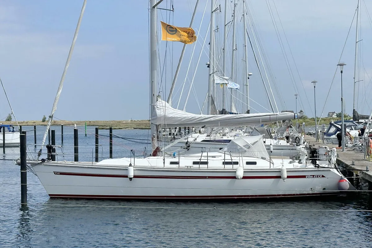 Exterior view of Karoline, a Bootsbau Rügen GmbH Vilm 41 cruiser sailboat at Barth, Germany