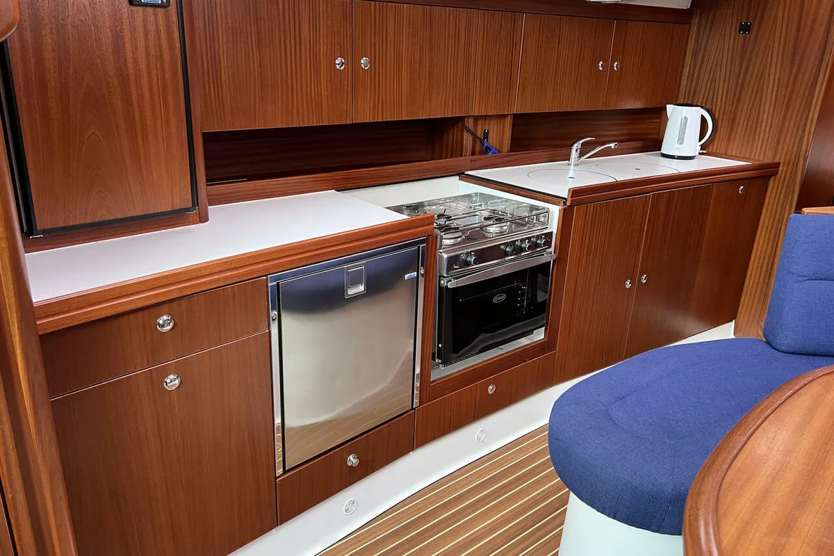 Galley of Karoline, a Bootsbau Rügen GmbH Vilm 41 cruiser sailboat at Barth, Germany