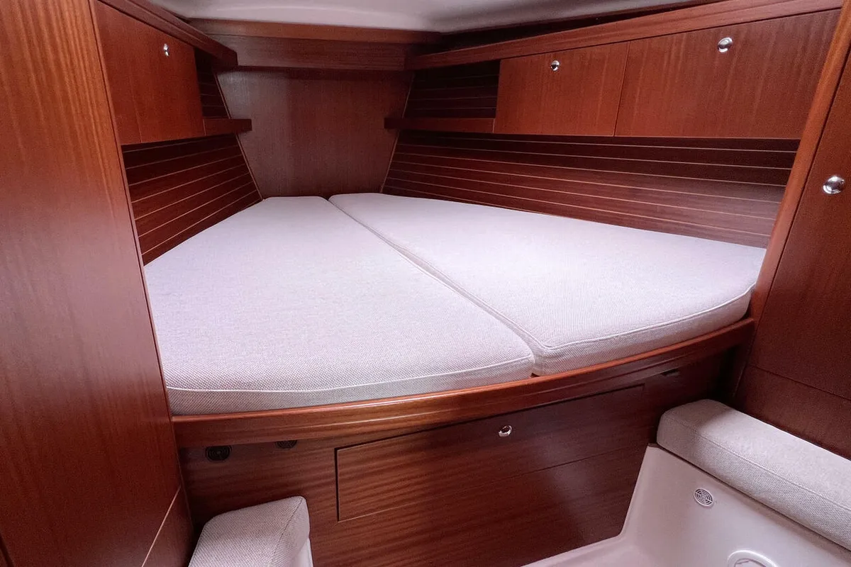 Cabin on Karoline, a Bootsbau Rügen GmbH Vilm 41 cruiser sailboat at Barth, Germany