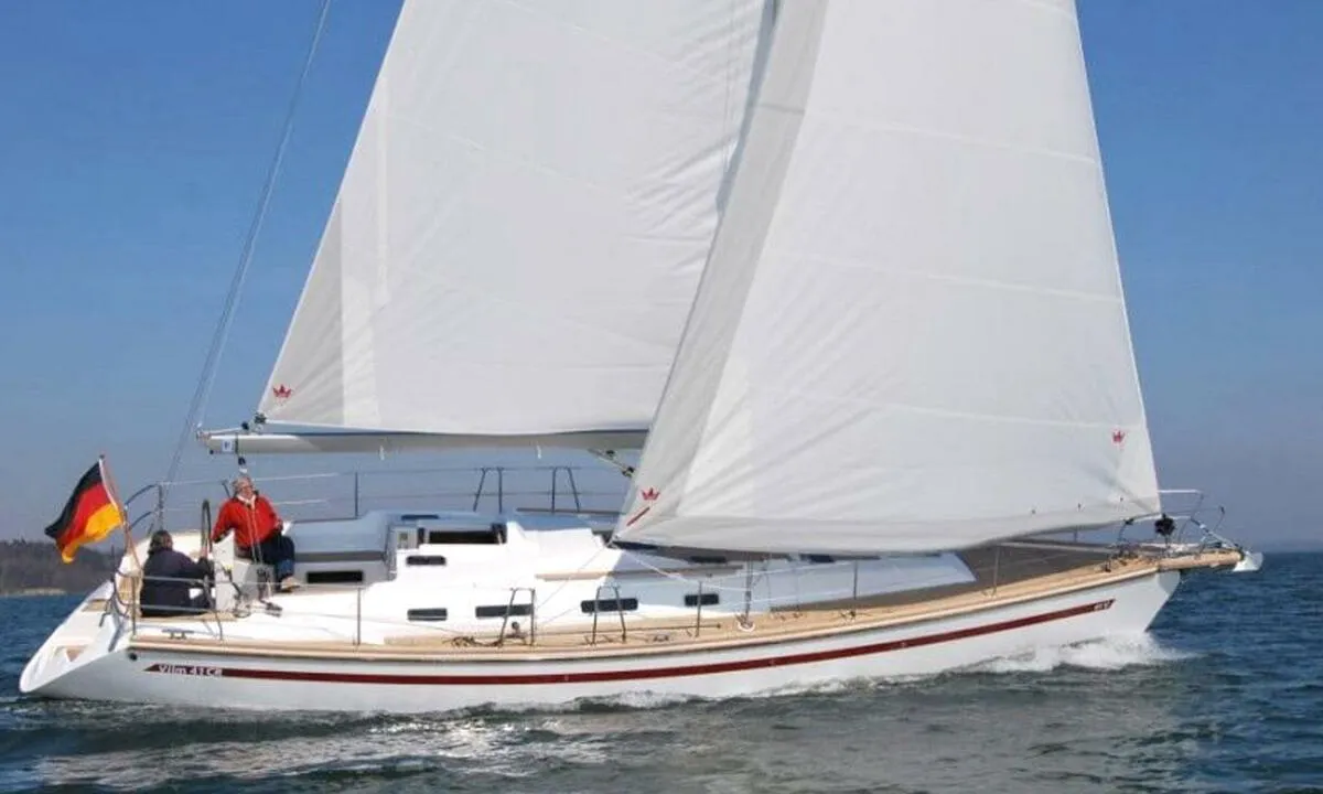 Exterior view of Karoline, a Bootsbau Rügen GmbH Vilm 41 cruiser sailboat at Barth, Germany