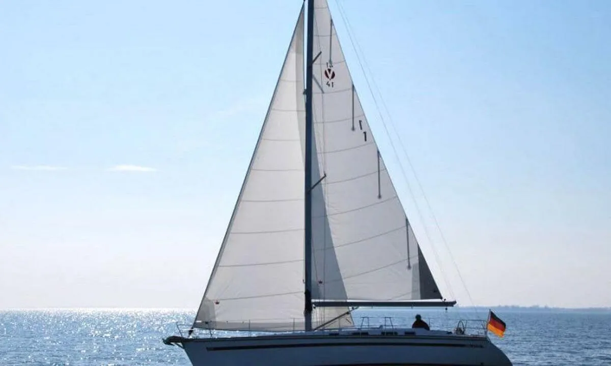Exterior view of Karoline, a Bootsbau Rügen GmbH Vilm 41 cruiser sailboat at Barth, Germany