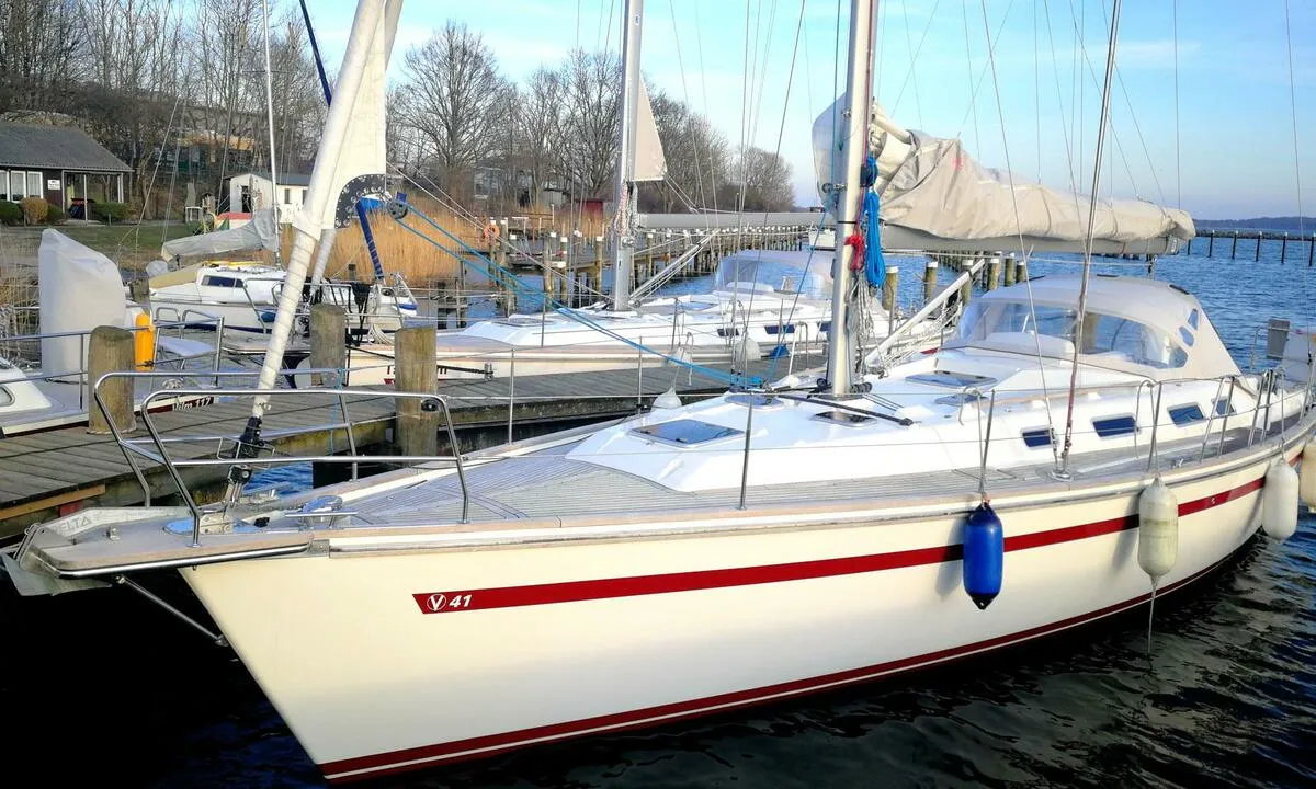 Deck of Karoline, a Bootsbau Rügen GmbH Vilm 41 cruiser sailboat at Barth, Germany