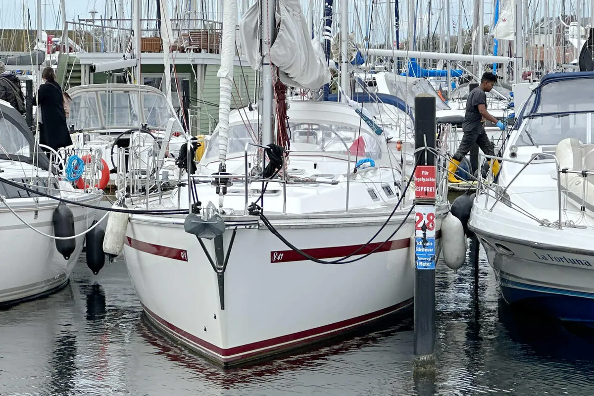Exterior view of Karoline, a Bootsbau Rügen GmbH Vilm 41 cruiser sailboat at Barth, Germany