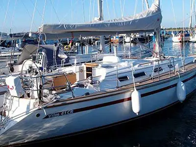 Deck of Karoline, a Bootsbau Rügen GmbH Vilm 41 cruiser sailboat at Barth, Germany