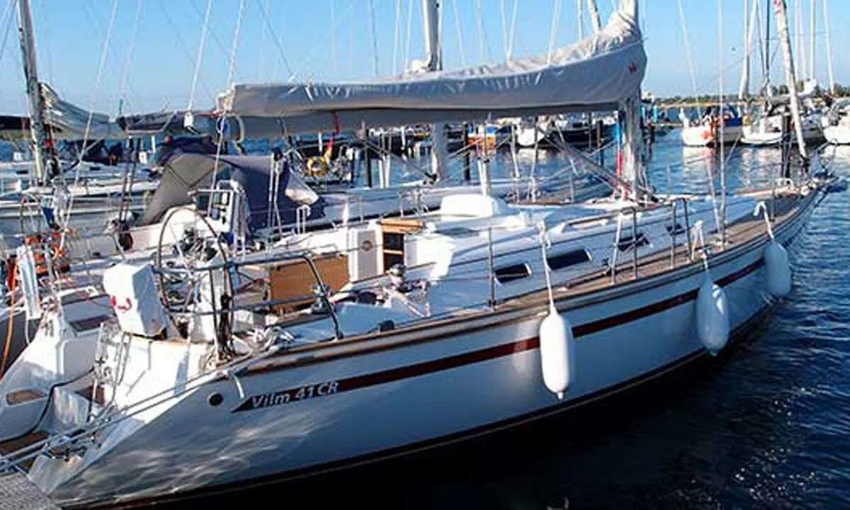 Deck of Karoline, a Bootsbau Rügen GmbH Vilm 41 cruiser sailboat at Barth, Germany