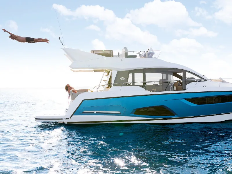 Exterior view of Blue Lagoon II, a Sealine F430 motorboat at Grad Pula, Croatia