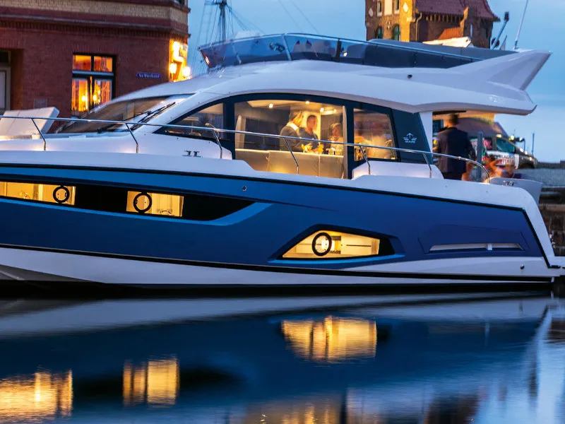 Exterior view of Blue Lagoon II, a Sealine F430 motorboat at Grad Pula, Croatia