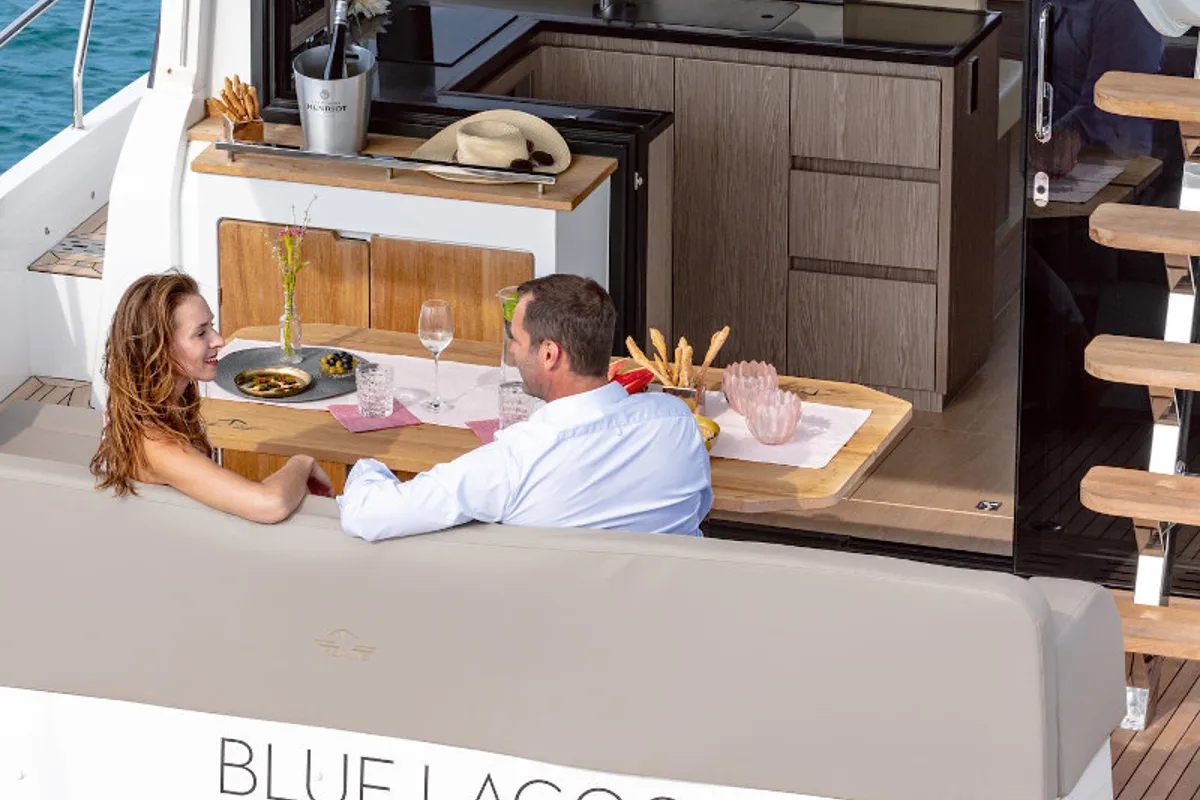 Deck of Blue Lagoon II, a Sealine F430 motorboat at Grad Pula, Croatia