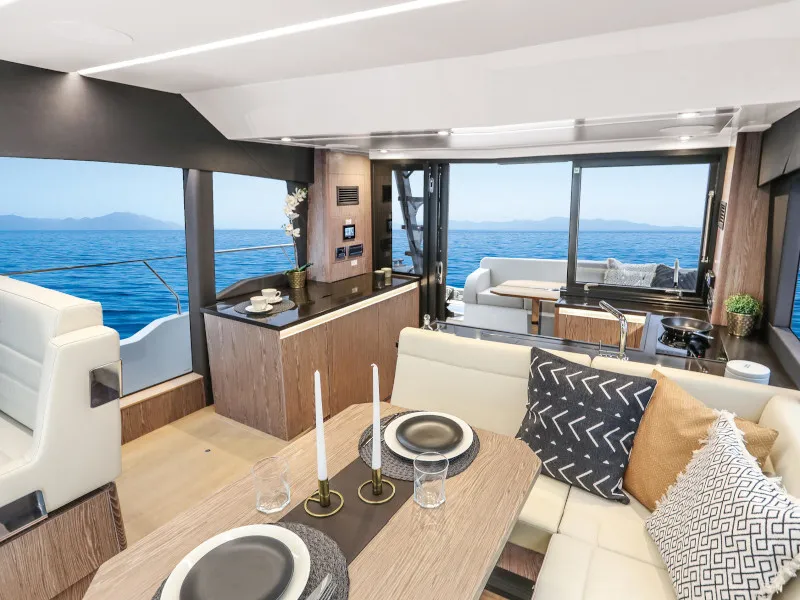 Salon of Blue Lagoon II, a Sealine F430 motorboat at Grad Pula, Croatia