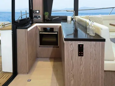 Galley of Blue Lagoon II, a Sealine F430 motorboat at Grad Pula, Croatia