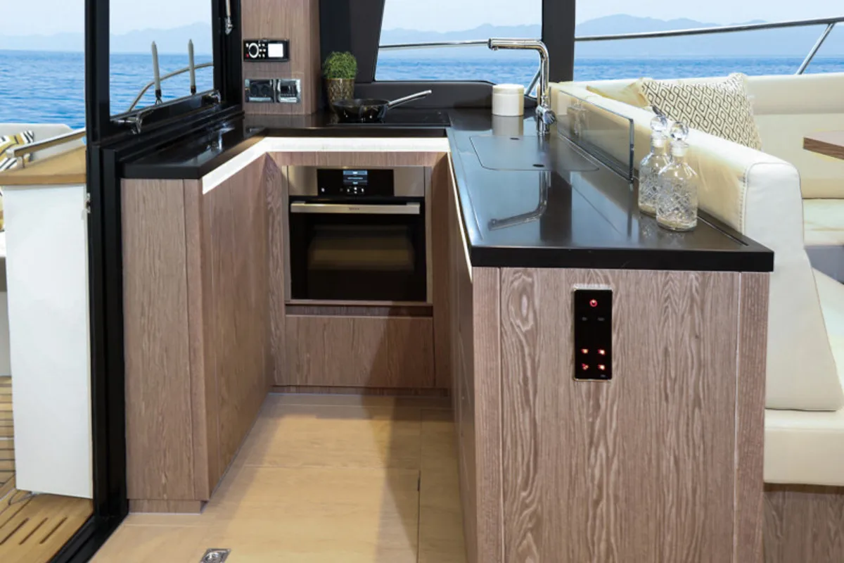 Galley of Blue Lagoon II, a Sealine F430 motorboat at Grad Pula, Croatia