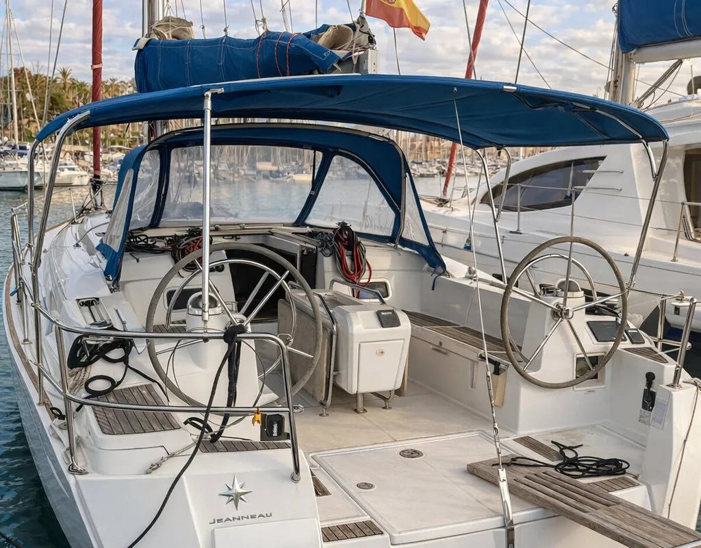 Cockpit of Malgrats, a Jeanneau Sun Odyssey 469 sailboat at Palma de Mallorca, Spain
