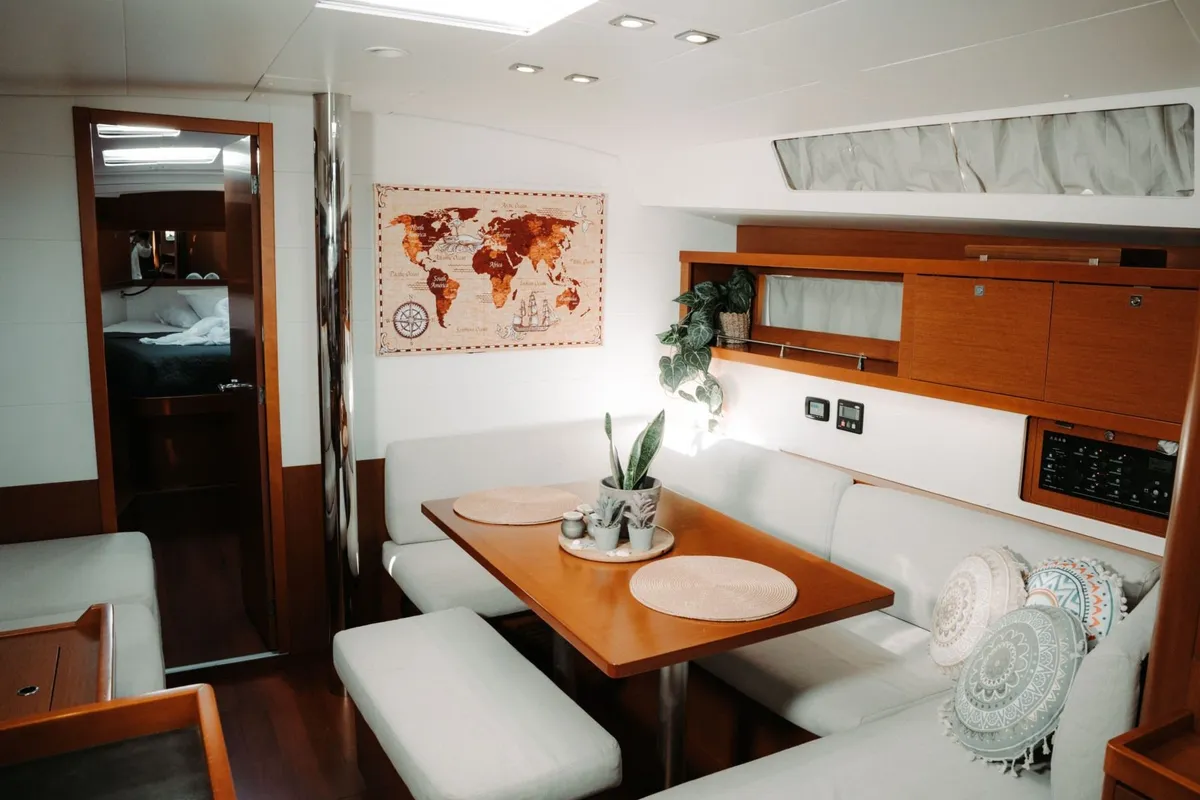 Salon of Familia L, a Beneteau Oceanis 45 sailboat at Athens, Greece