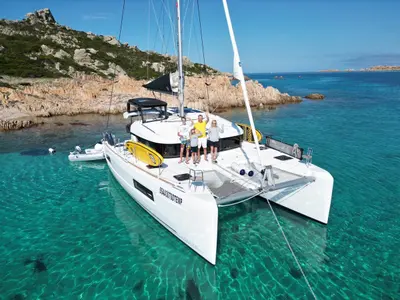 Exterior view of Dj, a Lagoon 40 catamaran at Olbia, Italy