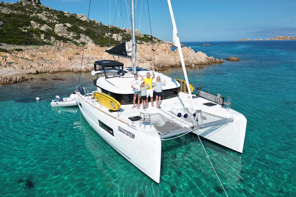 Exterior view of Dj, a Lagoon 40 catamaran at Olbia, Italy