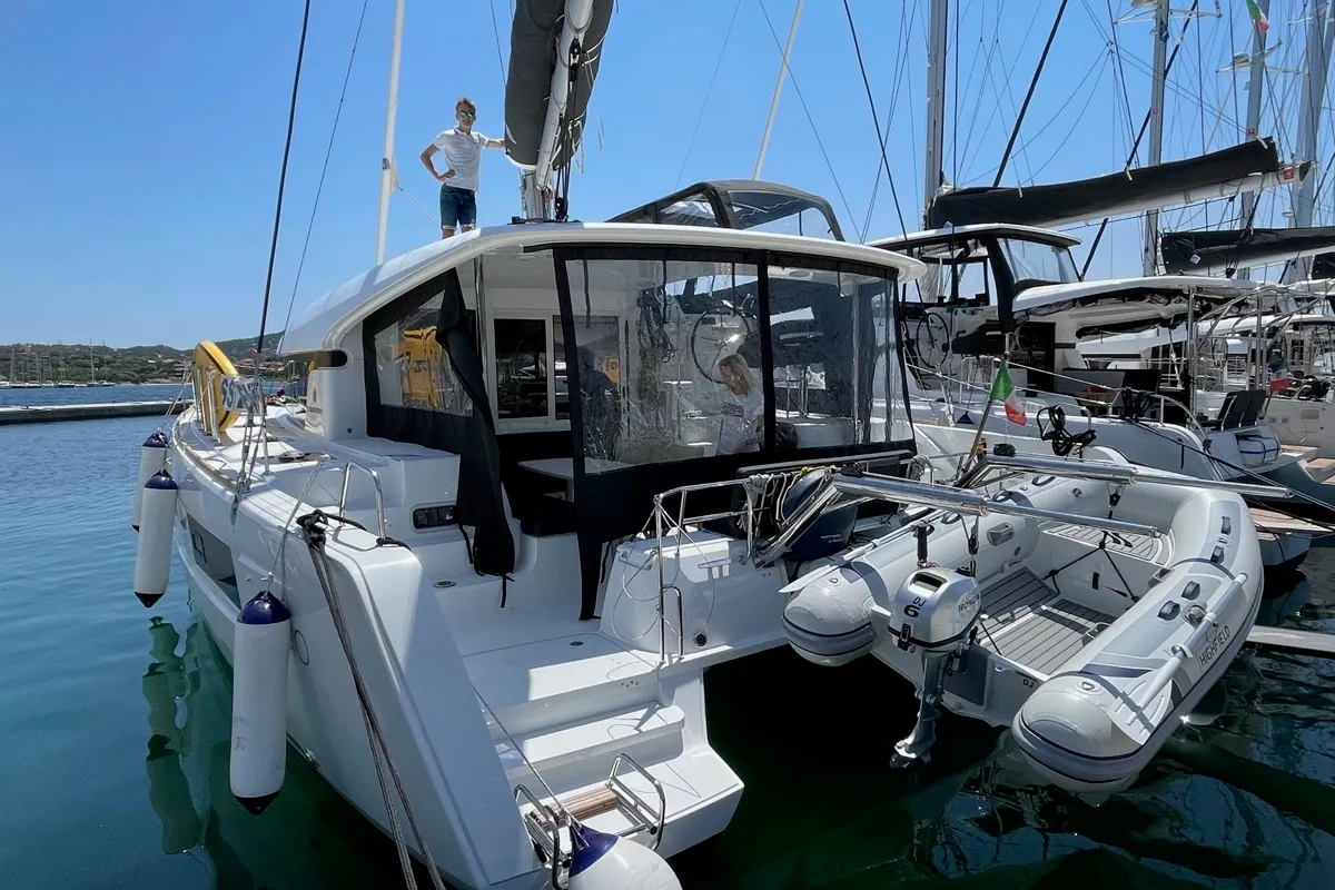 Exterior view of Dj, a Lagoon 40 catamaran at Olbia, Italy