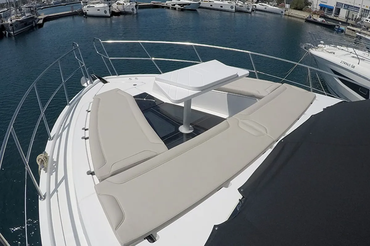 Deck of Il Sogno V, a Galeon 480 Fly motor yacht at Grad Šibenik, Croatia
