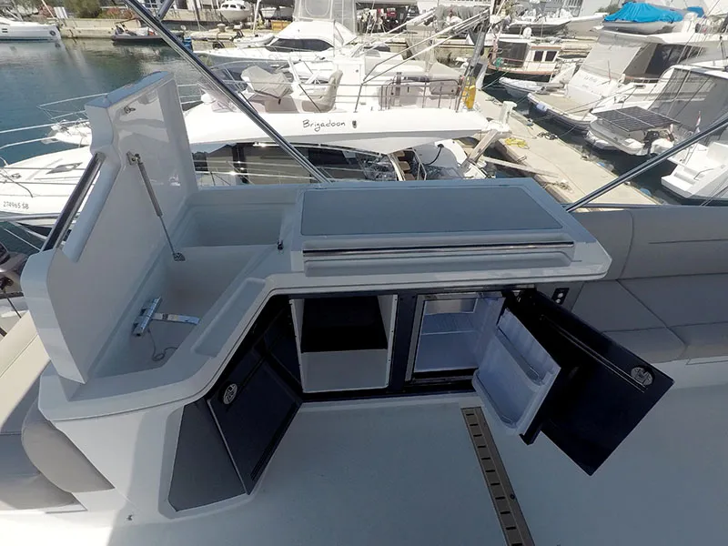 Deck of Il Sogno V, a Galeon 480 Fly motor yacht at Grad Šibenik, Croatia