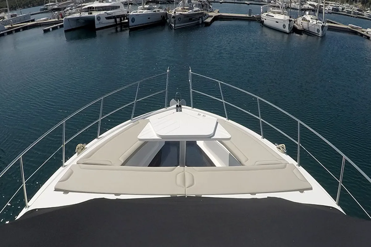 Deck of Il Sogno V, a Galeon 480 Fly motor yacht at Grad Šibenik, Croatia