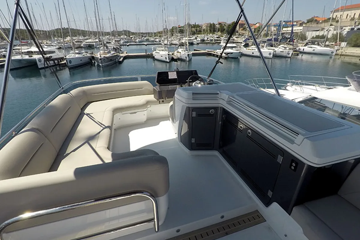 Deck of Il Sogno V, a Galeon 480 Fly motor yacht at Grad Šibenik, Croatia