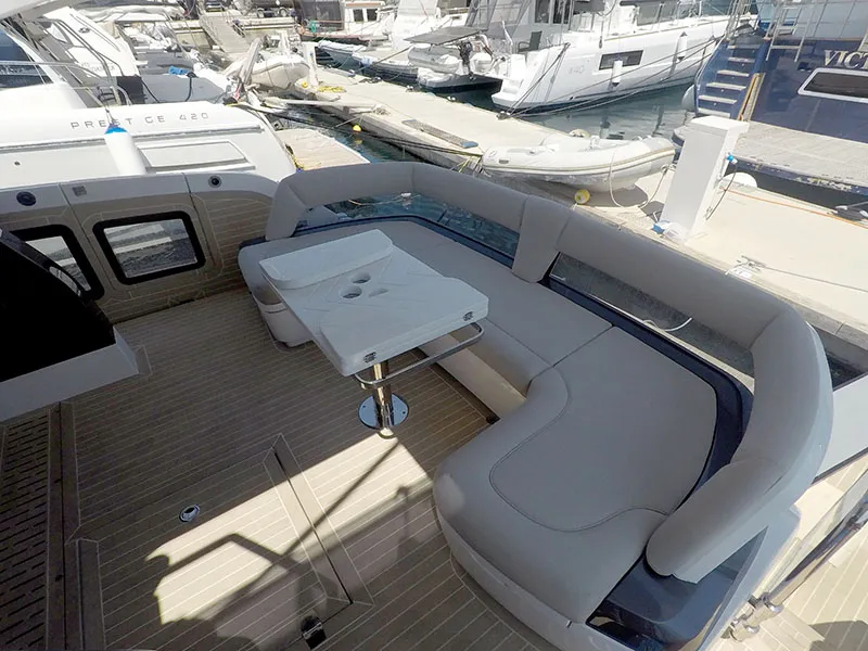 Deck of Il Sogno V, a Galeon 480 Fly motor yacht at Grad Šibenik, Croatia