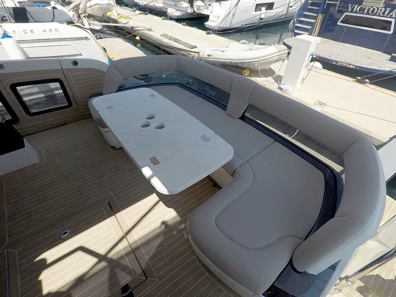 Deck of Il Sogno V, a Galeon 480 Fly motor yacht at Grad Šibenik, Croatia